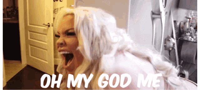 a woman with white hair is screaming with the words oh my god me