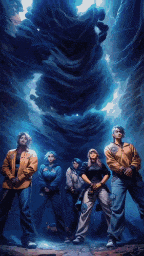 a group of people are standing in front of a storm