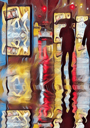 a painting of people walking down a street with a red sign that says ' i love you ' on it