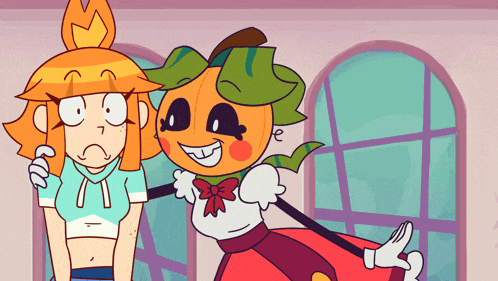a cartoon character with a pumpkin head is standing next to another girl