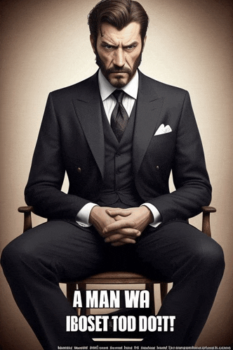 a man in a suit and tie is sitting on a chair with the words a man wa iboset tod do !