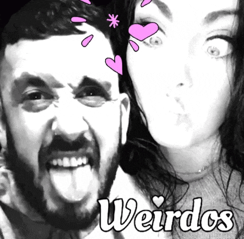 a man sticking out his tongue next to a woman with the words weirdos written on the bottom
