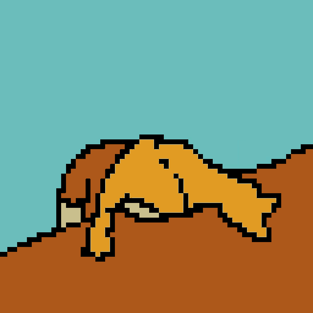 a pixel art drawing of a fox laying on its back