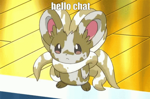 a cartoon character with a scarf around its neck and the words hello chat above it