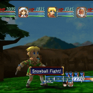 a video game screen shows a girl holding a knife and saying snowball fight