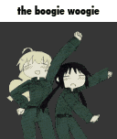 a couple of anime characters are standing next to each other with the words the boogie woogie above them