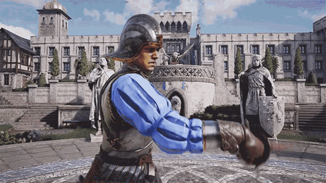 a man in armor stands in front of a large building