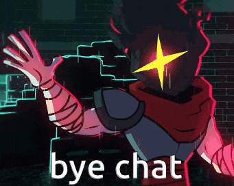 a cartoon character with a star in his eyes and the words bye chat below him