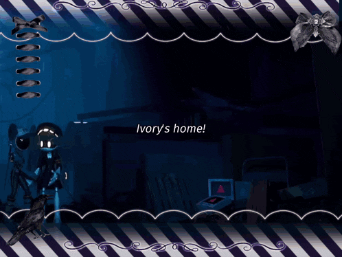 ivory 's home is written on a purple and white striped background