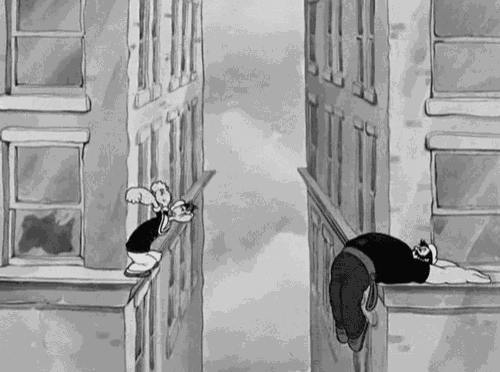 a black and white cartoon shows a man hanging from a building