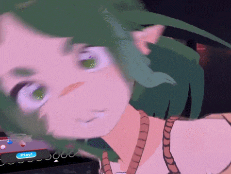 a cartoon girl with green hair and a play button in the background