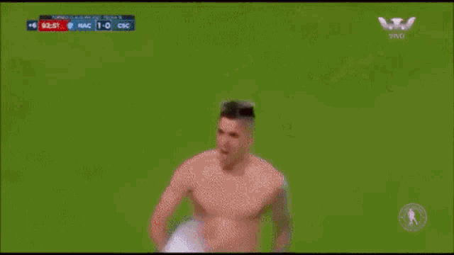 a shirtless man is being lifted by a mascot during a soccer match