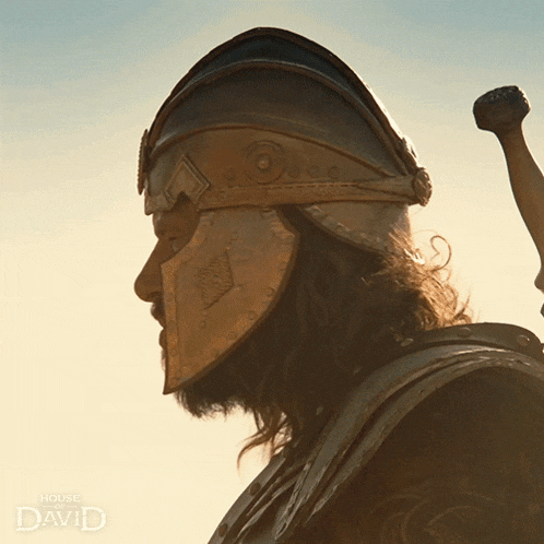 a man wearing a helmet and holding a sword is featured in a house of david ad