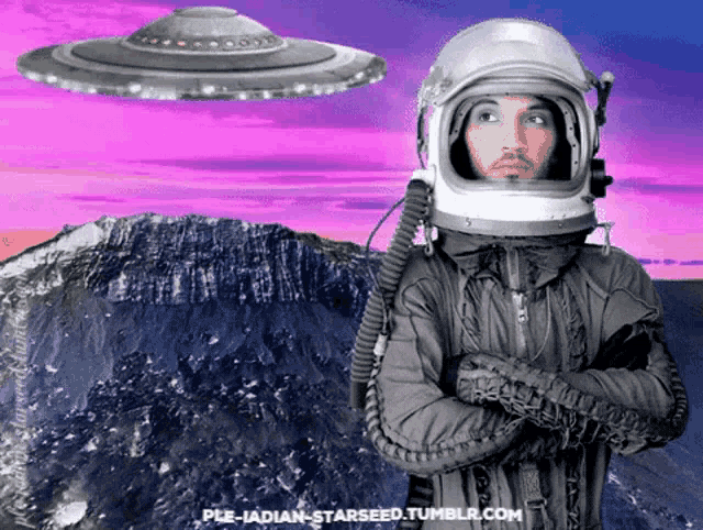 a man in a space suit is standing in front of a mountain with a ufo flying in the background