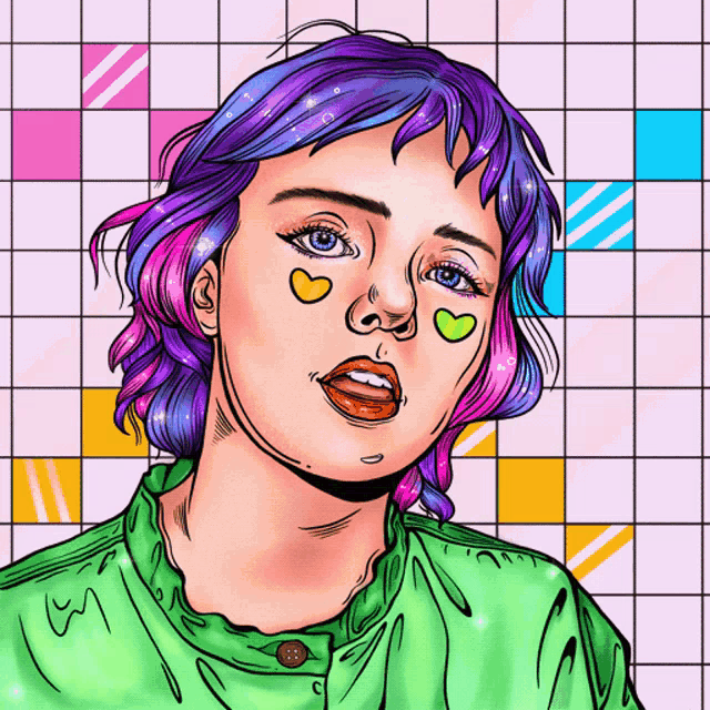 a drawing of a girl with hearts on her cheeks