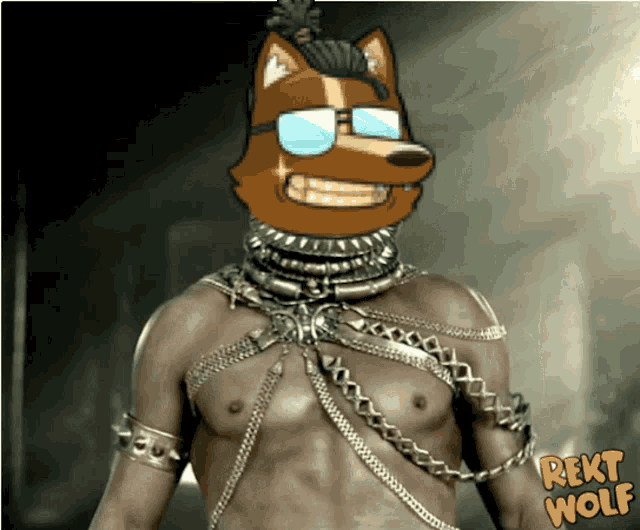a cartoon of a man with a wolf 's head and the words " rekt wolf " below him