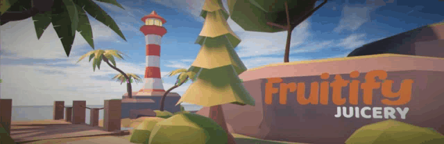 an advertisement for fruitify juicery with a lighthouse and palm trees