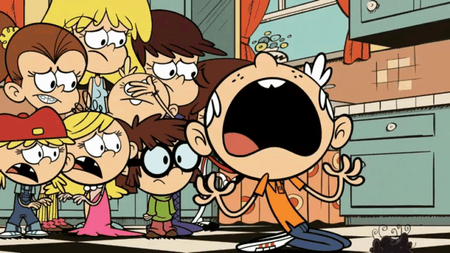 a group of cartoon characters including lincoln loud looking scared