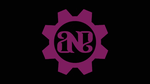 a pink gear with the letter n inside of it on a black background
