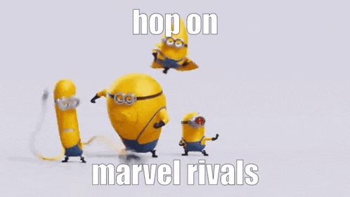 a group of minions standing next to each other with the words hop on marvel rivals