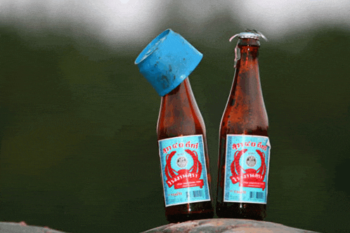 two brown bottles with a blue label that says ' a ' on it