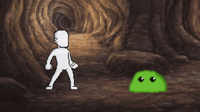 a pixel art of a person standing next to a green blob .