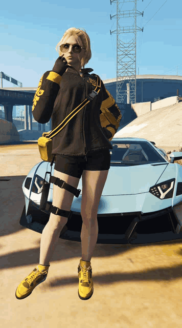 a woman standing in front of a car with a bag on her shoulder that says ' off '