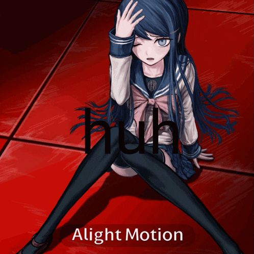 a girl sitting on the floor with the words huh alight motion