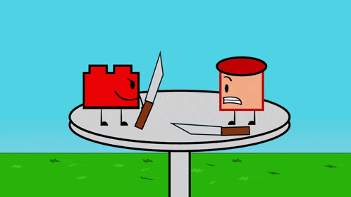 a cartoon character with a red hat is laying on the grass next to an orange block