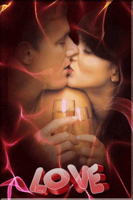 a picture of a man and a woman kissing with the word love behind them