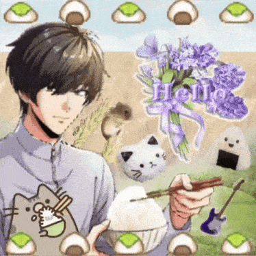 a picture of a man holding a bowl of rice with a cat on his shirt