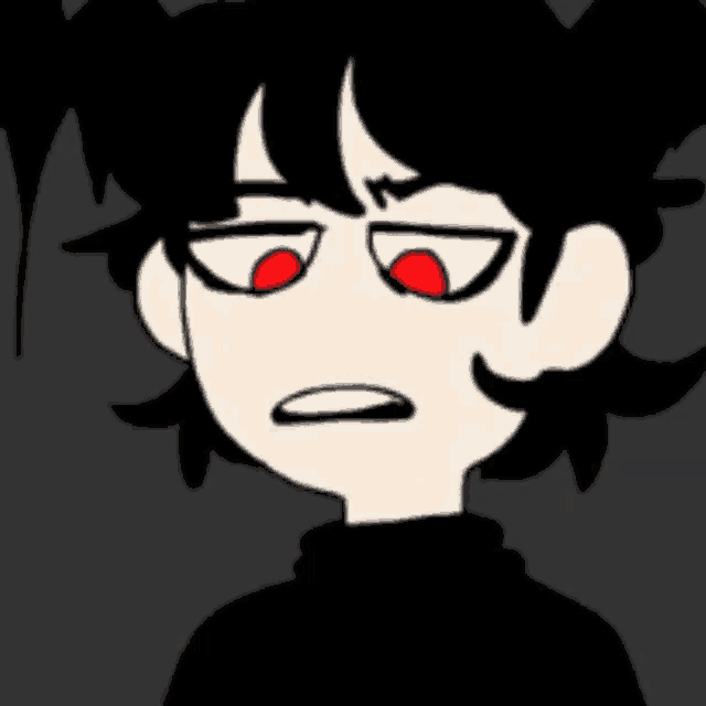 a cartoon character with black hair and red eyes making a funny face