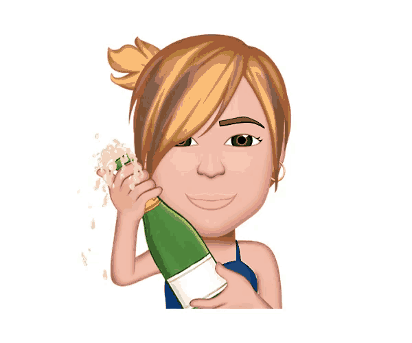 a cartoon woman is holding a bottle of champagne in her hand