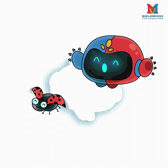 a ladybug is sitting on top of a blue and red robot with the letter m above it
