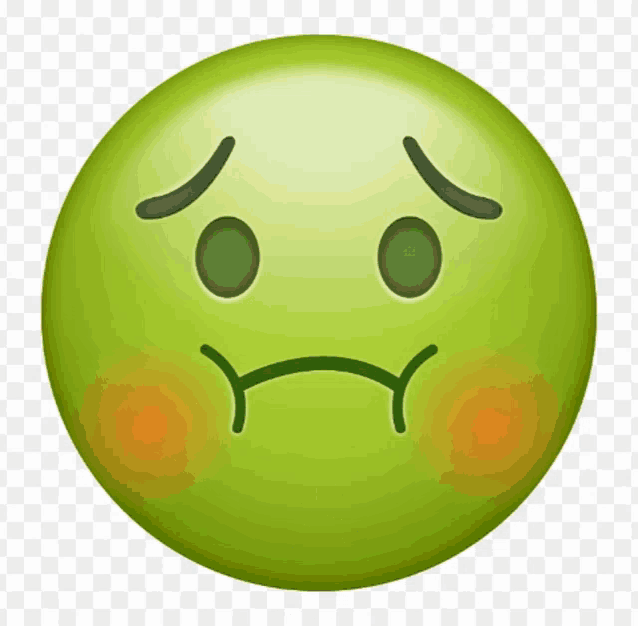a green smiley face with a sad look on his face