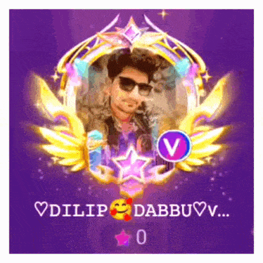 a purple background with a picture of a man with wings and the name dilip