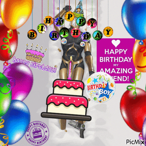 a birthday card for a boy with balloons and cake