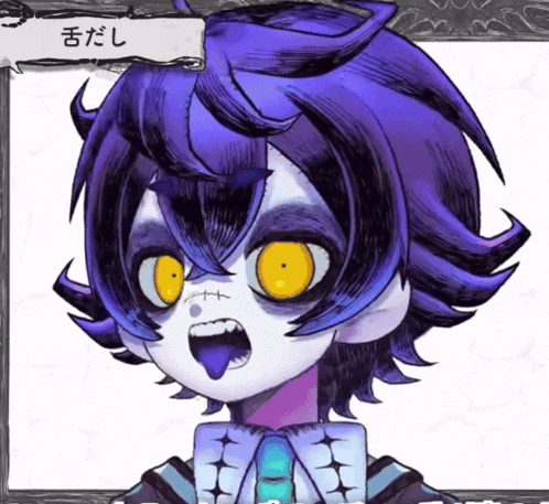 a cartoon character with purple hair and yellow eyes has a sign above his head that says 舌 だ し