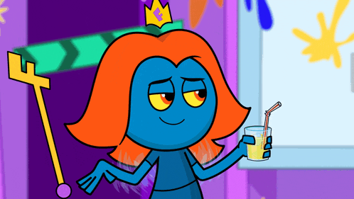 a blue cartoon character with red hair and a crown on her head