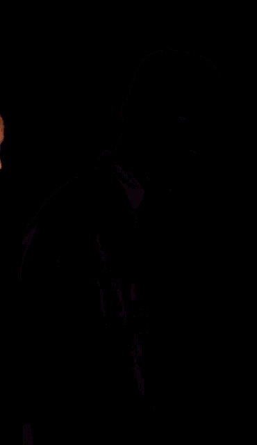 a bald man wearing a black shirt looks at the camera