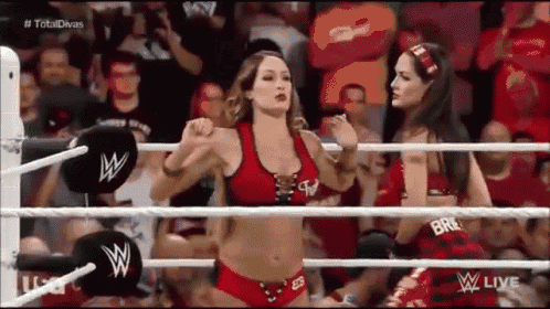 a woman in a red outfit is standing in a wrestling ring with a crowd watching .