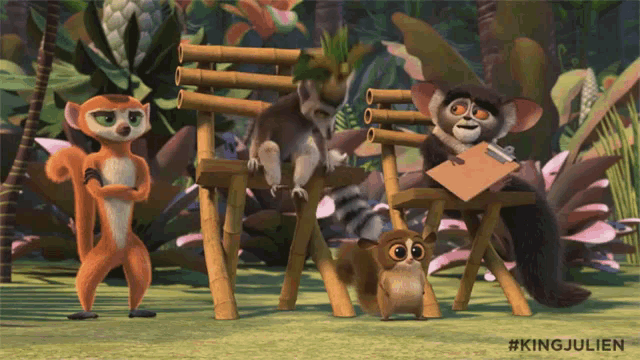 a cartoon of a group of monkeys with the hashtag #kingjulien