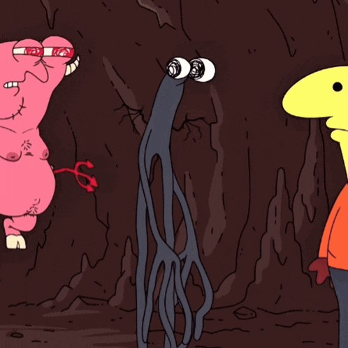 two cartoon characters standing next to each other with one wearing a hat
