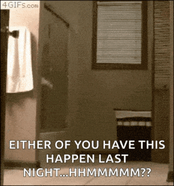 a picture of a bathroom with the caption " either of you have this happen last night ... hhmmmm "