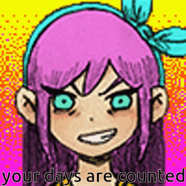 a cartoon of a girl with pink hair and blue eyes .