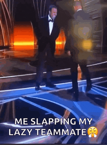a man in a tuxedo is dancing on a stage with a caption that says " me slapping my lazy teammate "