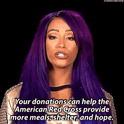 a woman with purple hair is talking about donations to the american red cross .