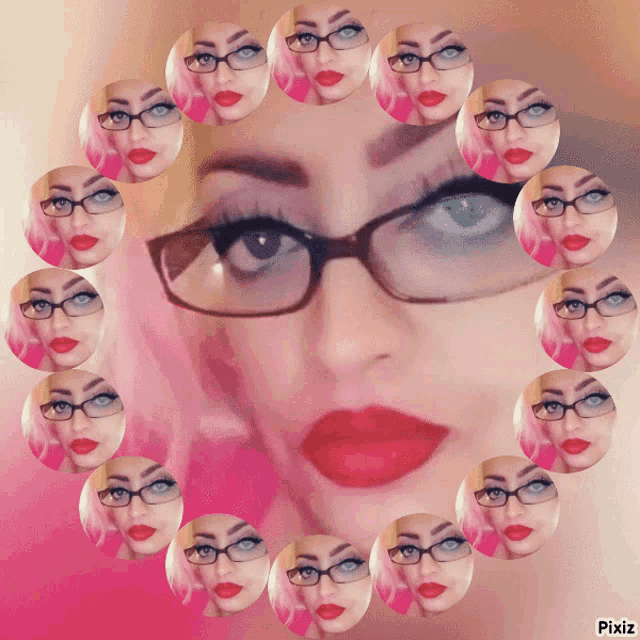 a woman wearing glasses and red lipstick is surrounded by circles