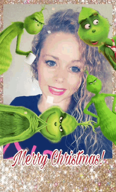 a christmas card with a grinch and a girl and the words merry christmas