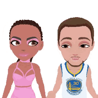 a man in a golden state warriors jersey stands next to a woman in a pink top
